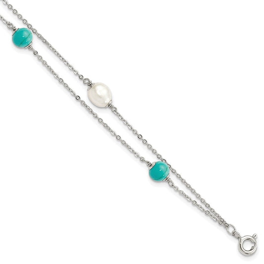 Sterling Silver Rhodium-plated Turquoise/FWC Pearl w/1in Ext Bracelet QG5017-7