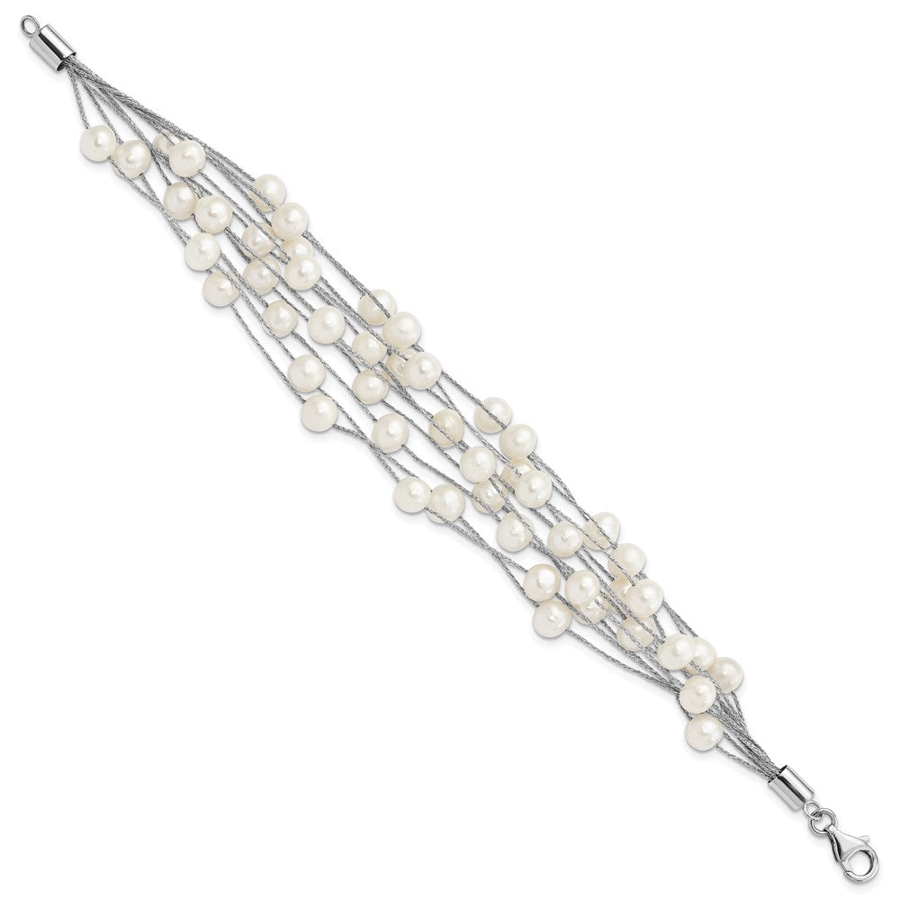 Sterling Silver Rhodium-plated 5-6mm White Semi-Round Freshwater Cultured Pearl Multi Strand 7.25 inch Bracelet QG5083-7.25