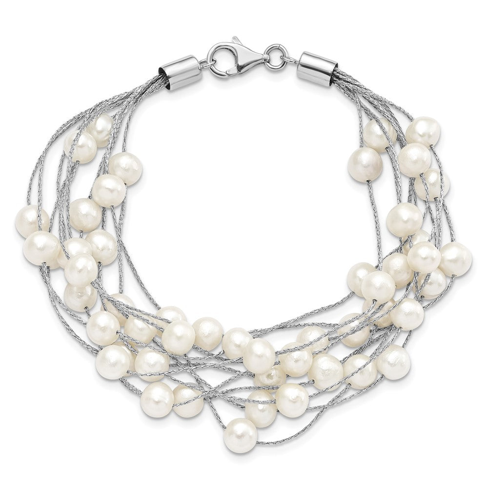Sterling Silver Rhodium-plated 5-6mm White Semi-Round Freshwater Cultured Pearl Multi Strand 7.25 inch Bracelet QG5083-7.25