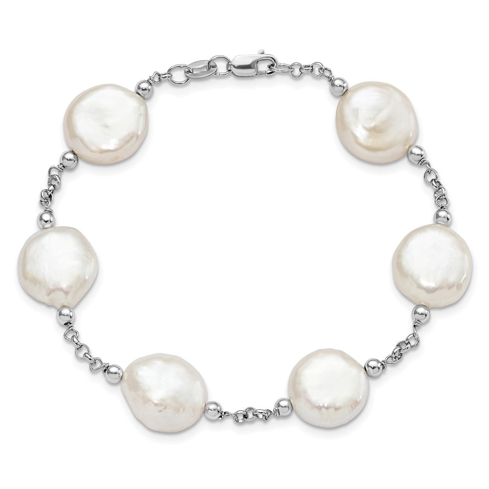 Sterling Silver Rhodium-plated 12-13mm White Coin Freshwater Cultured Pearl 6-Station 7.5 inch Bracelet QG5084-7.5