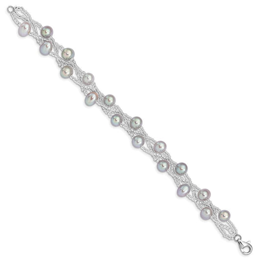 Sterling Silver Rhodium-plated 7-9mm Grey Semi-Round Freshwater Cultured Pearl and Glass Beaded 7.5 inch Bracelet QG5085-7.5
