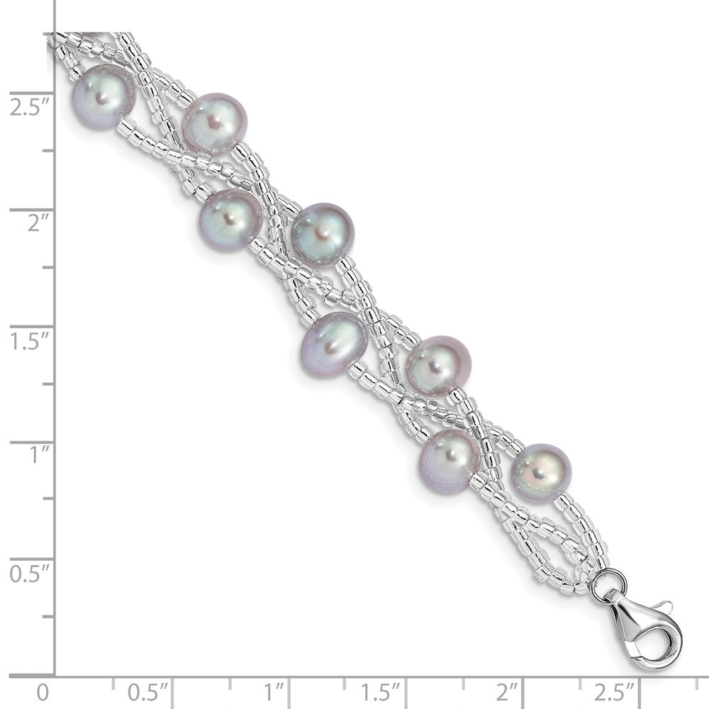 Sterling Silver Rhodium-plated 7-9mm Grey Semi-Round Freshwater Cultured Pearl and Glass Beaded 7.5 inch Bracelet QG5085-7.5