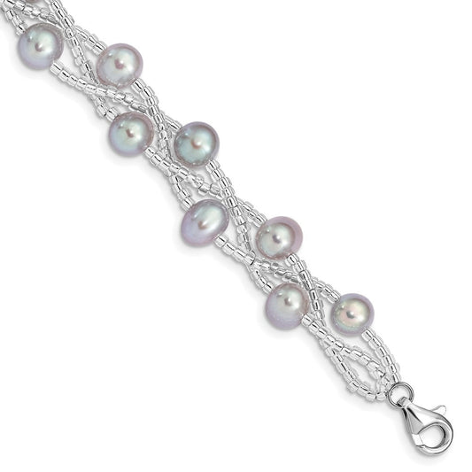 Sterling Silver Rhodium-plated 7-9mm Grey Semi-Round Freshwater Cultured Pearl and Glass Beaded 7.5 inch Bracelet QG5085-7.5