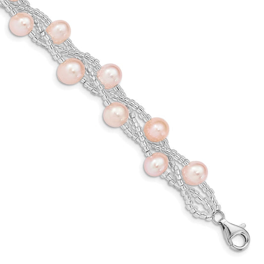 Sterling Silver Rhodium-plated 7-9mm Pink Semi-Round Freshwater Cultured Pearl and Glass Beaded 7.5 inch Bracelet QG5086-7.5