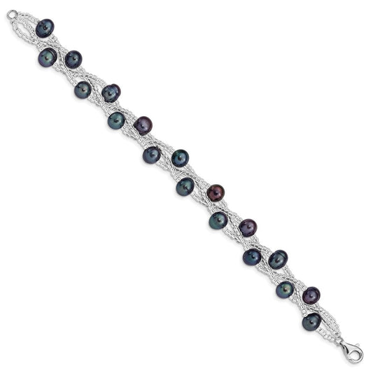Sterling Silver Rhodium-plated 7-9mm Black Semi-Round Freshwater Cultured Pearl and Glass Beaded 7.5 inch Bracelet QG5087-7.5