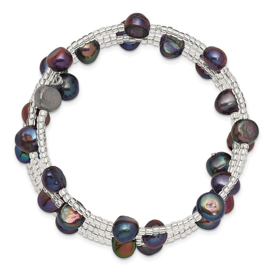 7-8mm Black Baroque Freshwater Cultured Pearl and Glass Beaded Wrap Bracelet QG5100