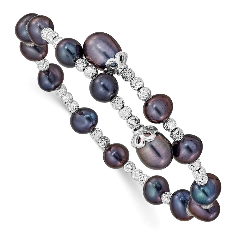 Sterling Silver Rhodium-plated 6-7mm and 8mm Black Teardrop and Near-Round Freshwater Cultured Pearl Wrap Flexible Bangle QG5104