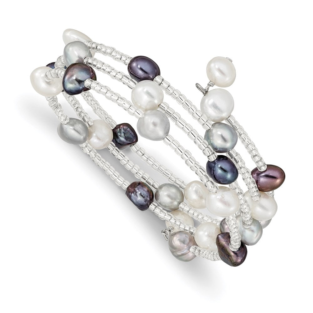 7-8mm Black, Grey and White Baroque Freshwater Cultured Pearl and Glass Beaded 3-row Warp Bracelet QG5106