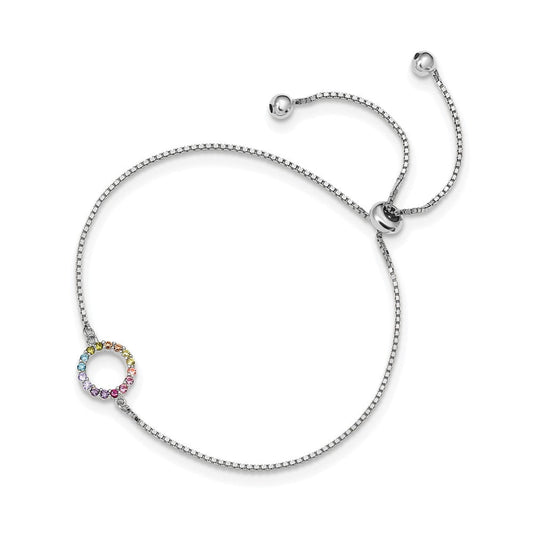 Prizma Sterling Silver Rhodium-plated Colorful CZ Open Circle Adjustable Bolo Bracelet QG5665