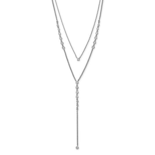Sterling Shimmer Sterling Silver Rhodium-plated Adjustable up to 29 inches 50 Stone CZ 2 Strand Layer Y-Drop Necklace QG5713