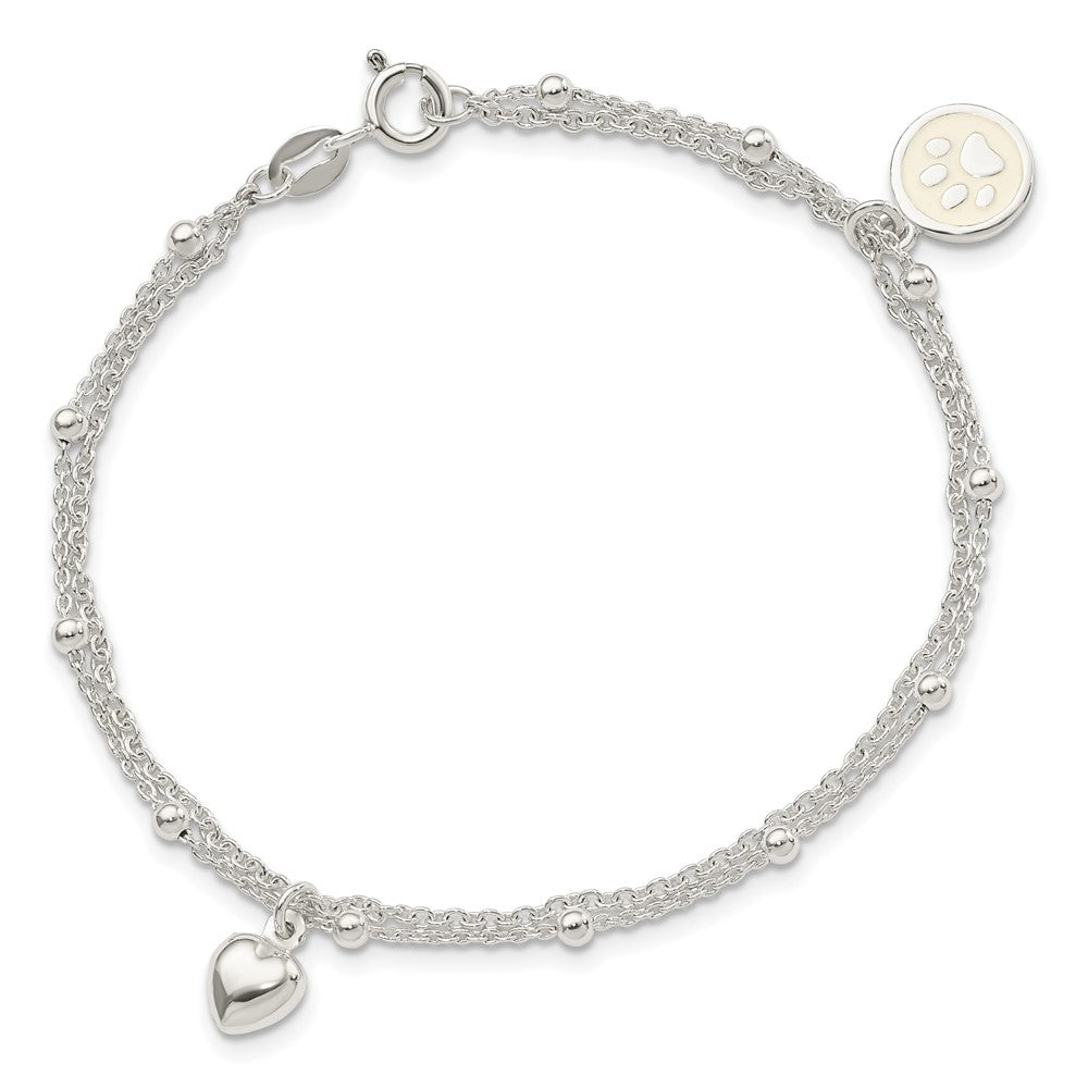 Sterling Silver 2-Strand Heart and Enameled Paw Print Bracelet QG5778-7.5