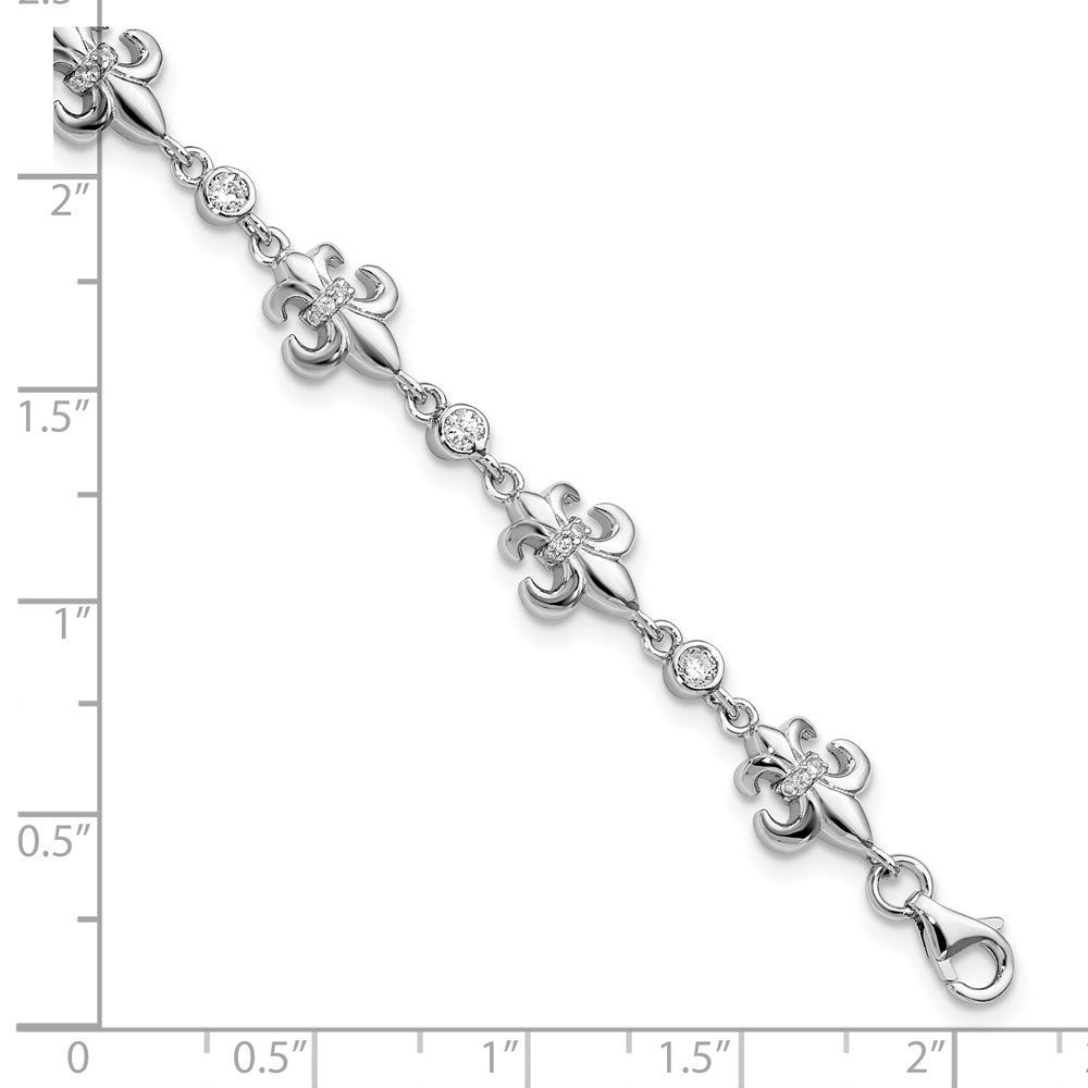 Sterling Silver Rhodium-plated CZ Fleur de Lis w/ 1in ext. Bracelet QG5797-7