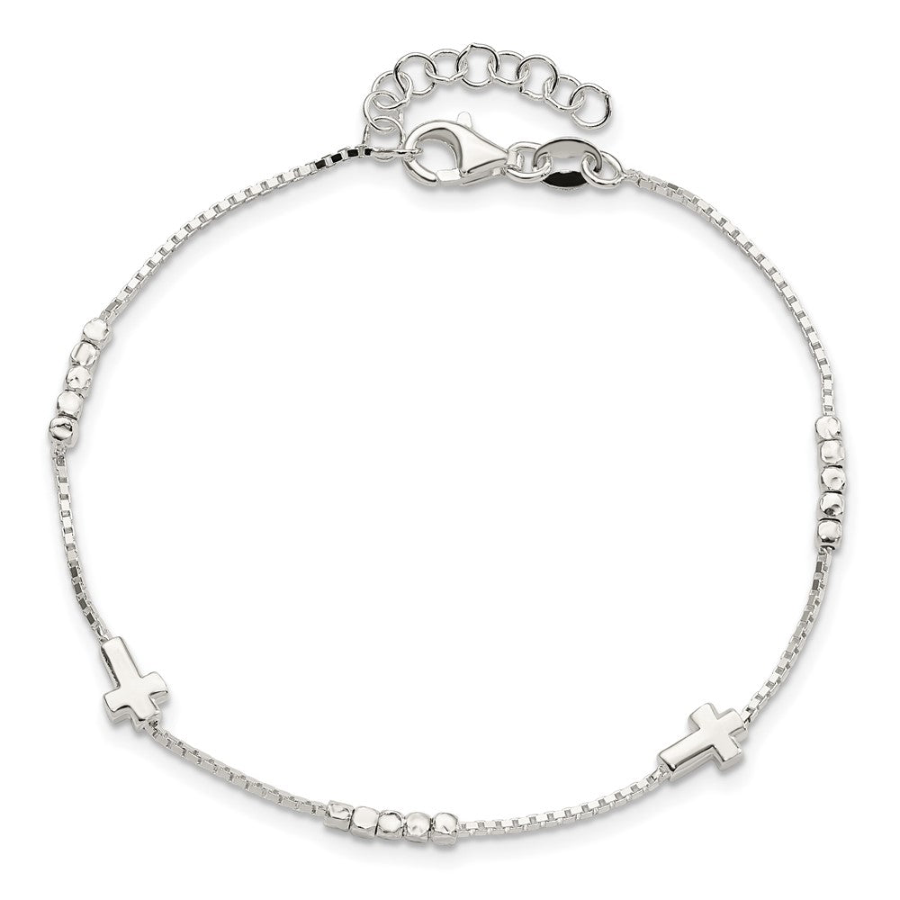 Sterling Silver Fancy Bead & Cross w/ 1in ext Bracelet QG5799-7