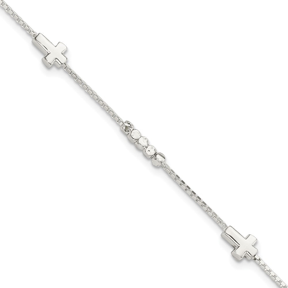 Sterling Silver Fancy Bead & Cross w/ 1in ext Bracelet QG5799-7