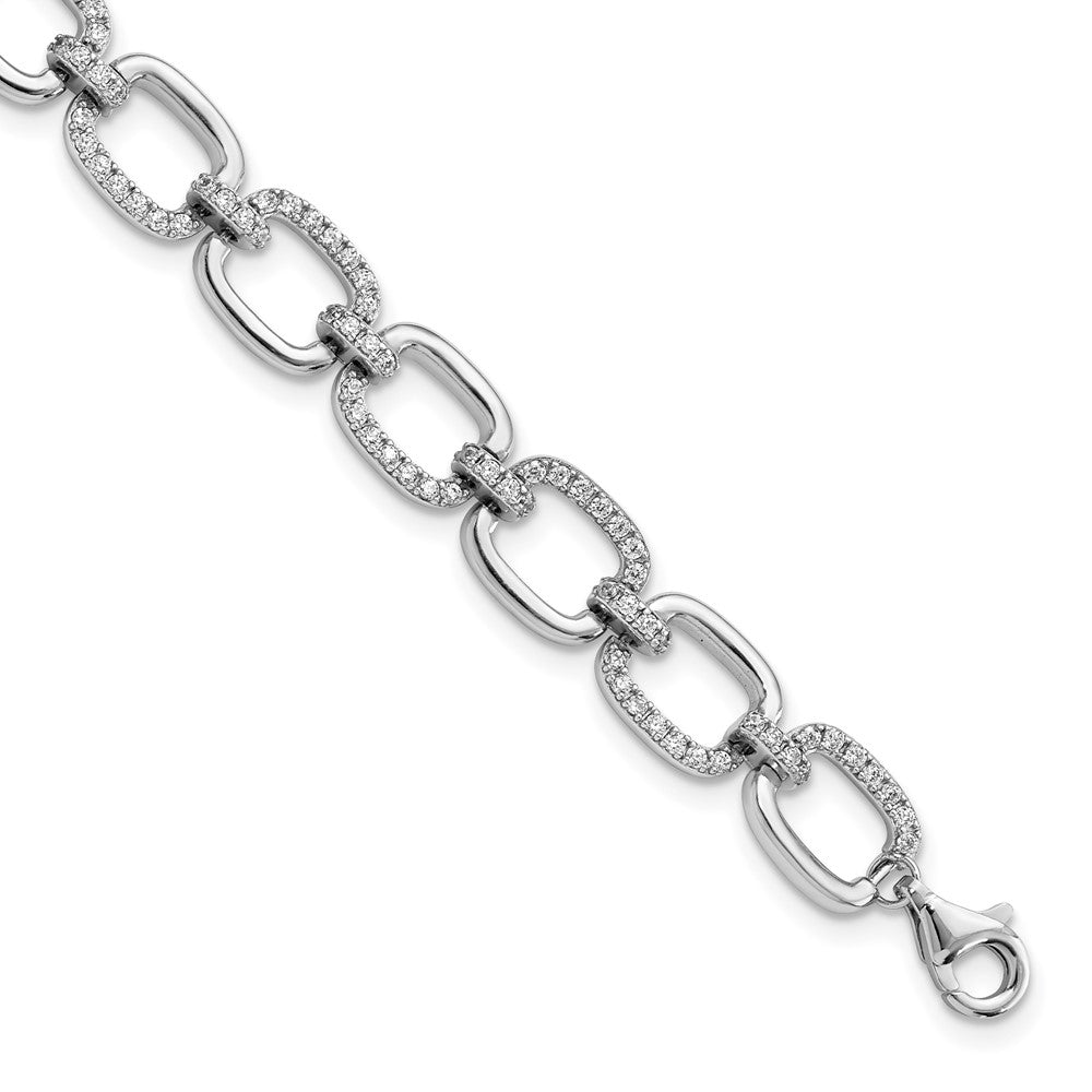 Sterling Silver Rhodium-plated Clear CZ and Polished Square Link 7.75 inch Bracelet QG5911-7.75