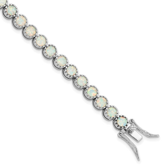 Sterling Silver Rhodium-plated Beaded White Created Opal Inlay Bracelet QG5925-7