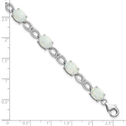 Sterling Silver Rhodium-plated Polished White Created Opal & CZ Bracelet QG5926-7.25