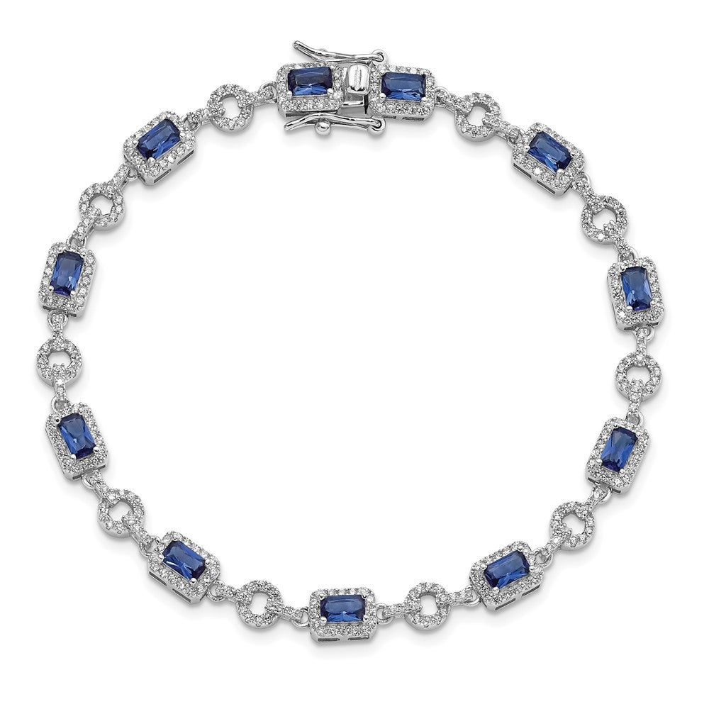 Sterling Silver Rhodium-plated CZ and Blue Glass Stone 7.75 inch Bracelet QG5929-7.75