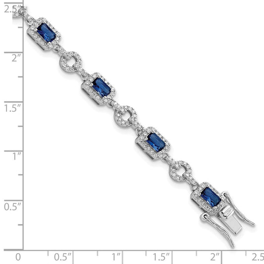 Sterling Silver Rhodium-plated CZ and Blue Glass Stone 7.75 inch Bracelet QG5929-7.75