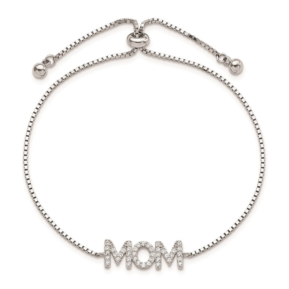 Sterling Silver Polished Rhodium-plated Pav������������������������������������������������������ CZ MOM Adjustable Bracelet QG5940
