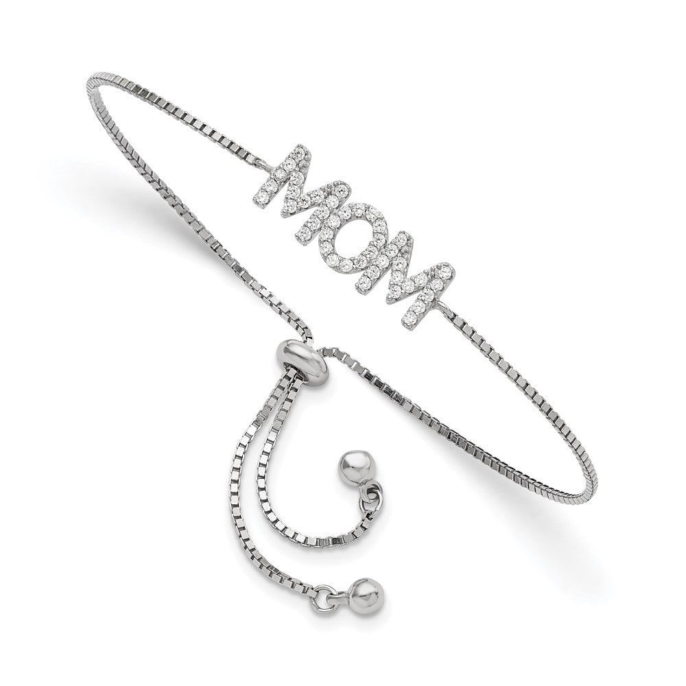 Sterling Silver Polished Rhodium-plated Pav������������������������������������������������������ CZ MOM Adjustable Bracelet QG5940