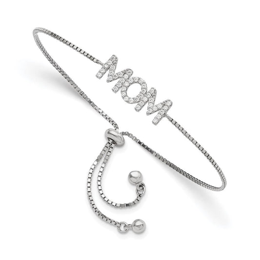 Sterling Silver Polished Rhodium-plated Pav������������������������������������������������������ CZ MOM Adjustable Bracelet QG5940
