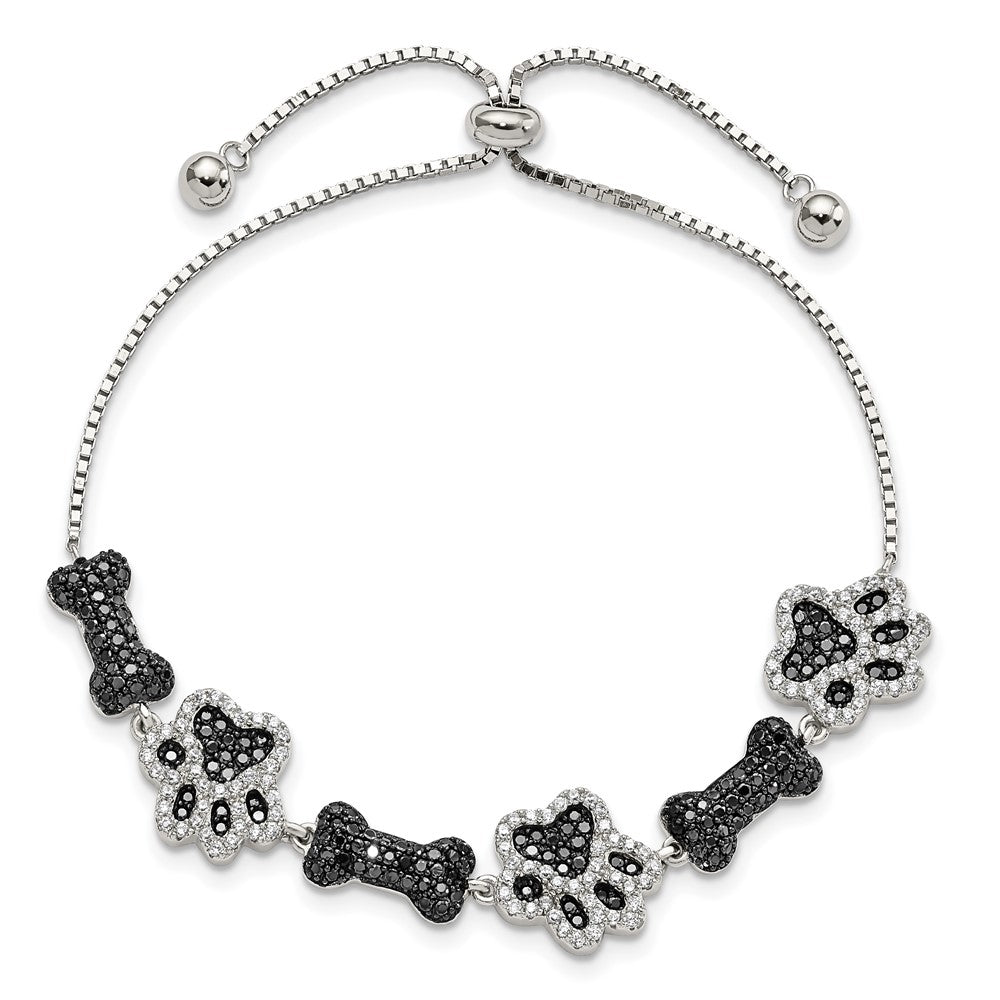 Sterling Silver Rhodium-plated CZ Paw Print & Dog Bone Adj Bracelet QG5955