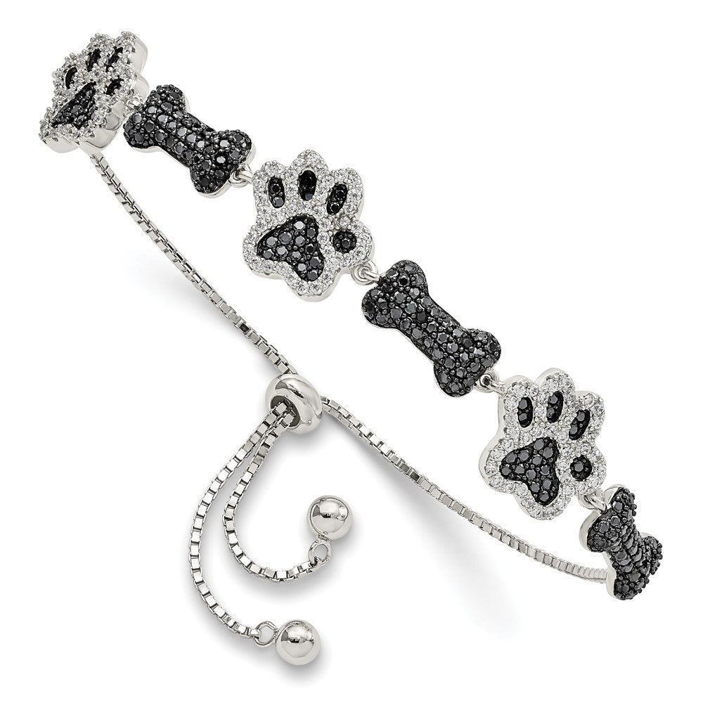 Sterling Silver Rhodium-plated CZ Paw Print & Dog Bone Adj Bracelet QG5955