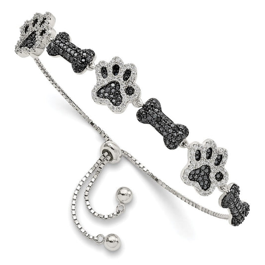 Sterling Silver Rhodium-plated CZ Paw Print & Dog Bone Adj Bracelet QG5955