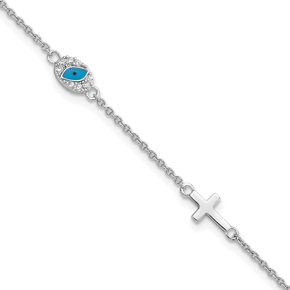 Sterling Silver RH CZ Enamel Cross w/Eye 6.5in w/1in ext Bracelet QG6046-6.5