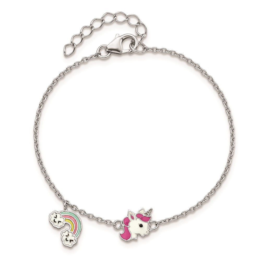Sterling Silver Rhodium-plated Polished & Multi-color Enameled  Unicorn & Rainbow with 1 Inch Extension Children's Bracelet QG6219-5.75