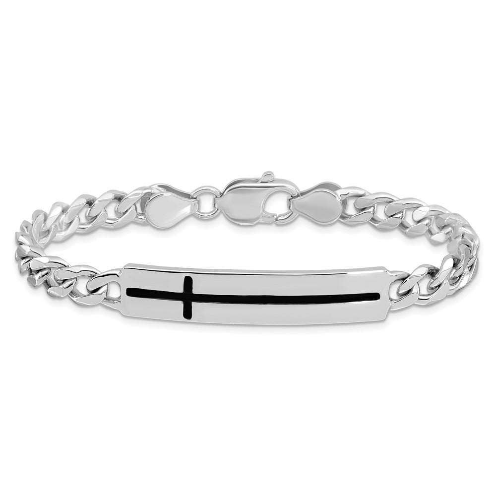 Sterling Silver Rhodium-plated Enameled Cross on Bar Men's 8in Bracelet QG6237-8