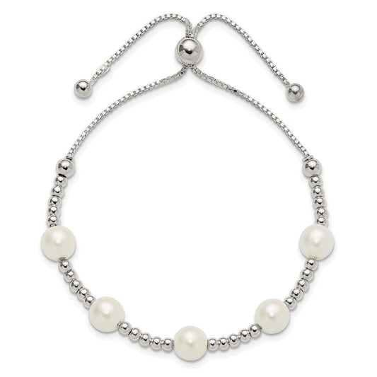 Sterling Silver Polished Beaded and Synthetic Pearl Adjustable Bracelet QG6247