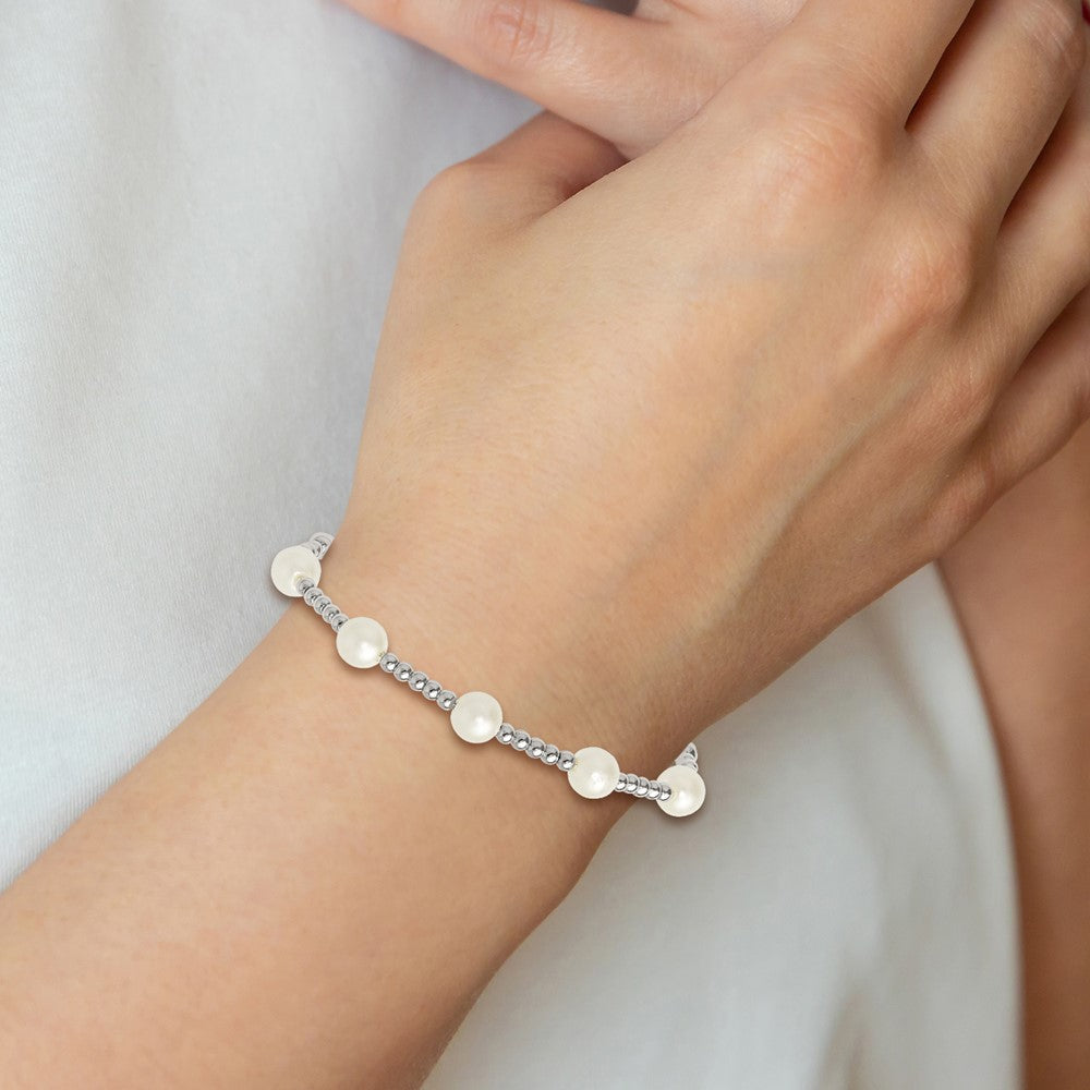 Sterling Silver Polished Beaded and Synthetic Pearl Adjustable Bracelet QG6247