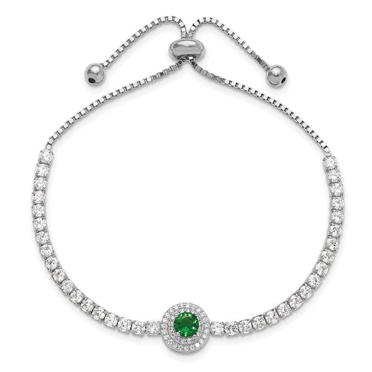 Sterling Silver Rhodium-plated CZ and Green Glass Adjustable Bracelet QG6250