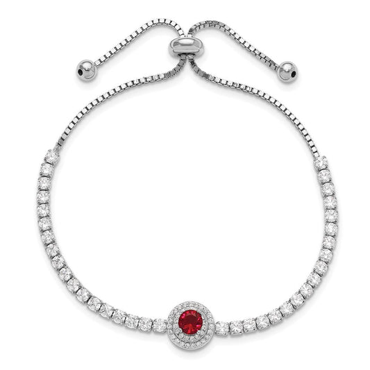 Sterling Silver Rhodium-plated CZ and Red Glass Adjustable Bracelet QG6251