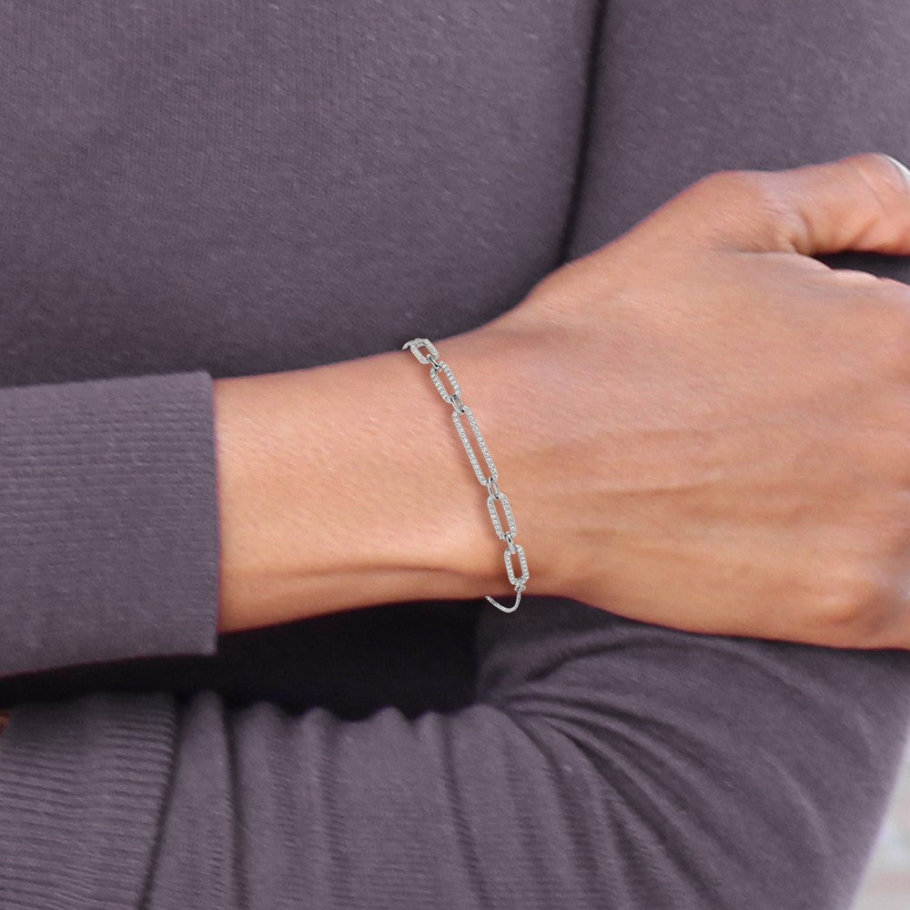 Sterling Silver Rhod-plated Paperclip Link CZ Adjustable Bracelet QG6258