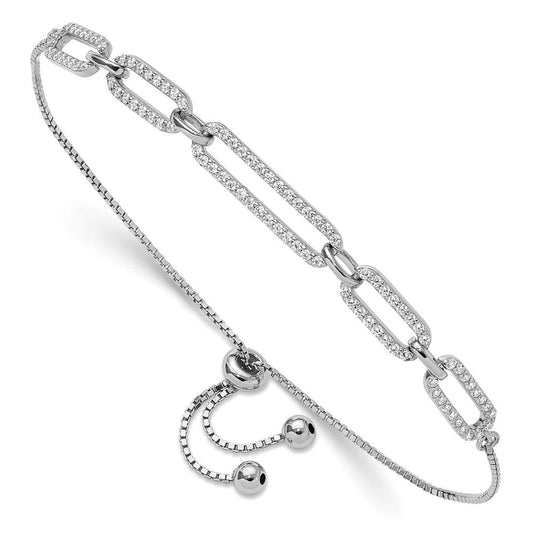 Sterling Silver Rhod-plated Paperclip Link CZ Adjustable Bracelet QG6258