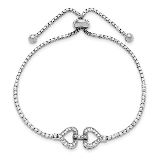 Sterling Silver Rhodium-plated CZ Linked Hearts Adjustable Bracelet QG6269