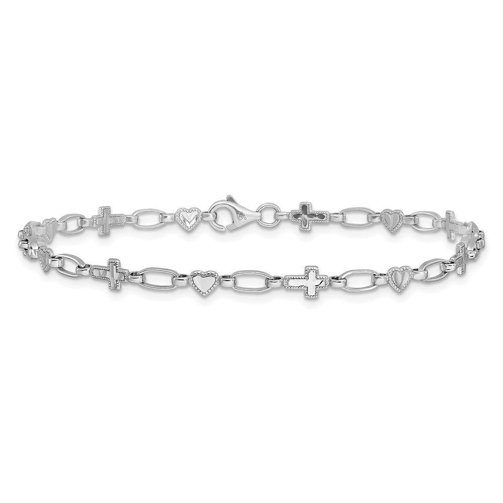 Sterling Silver Rhodium-plated 7.5 inch Heart and Cross Bracelet QG6307-7.5