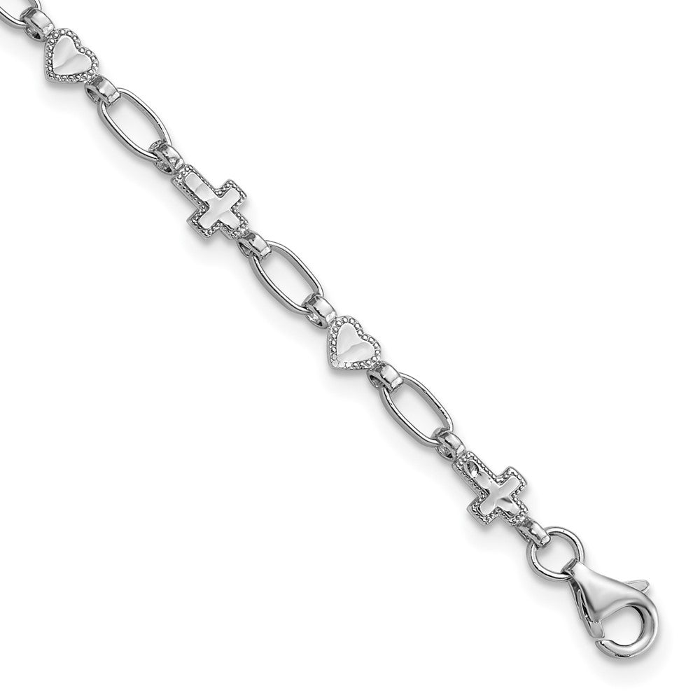 Sterling Silver Rhodium-plated 7.5 inch Heart and Cross Bracelet QG6307-7.5