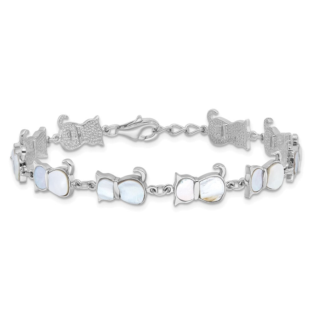 Sterling Silver Rhodium-plated Mother of Pearl Cat Link Bracelet QG6345MOP-7.5