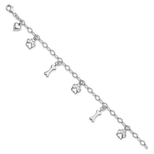 Sterling Silver Rhodium-plated Dog Bone Paw Heart Charm 7.5in Bracelet QG6346-7.5