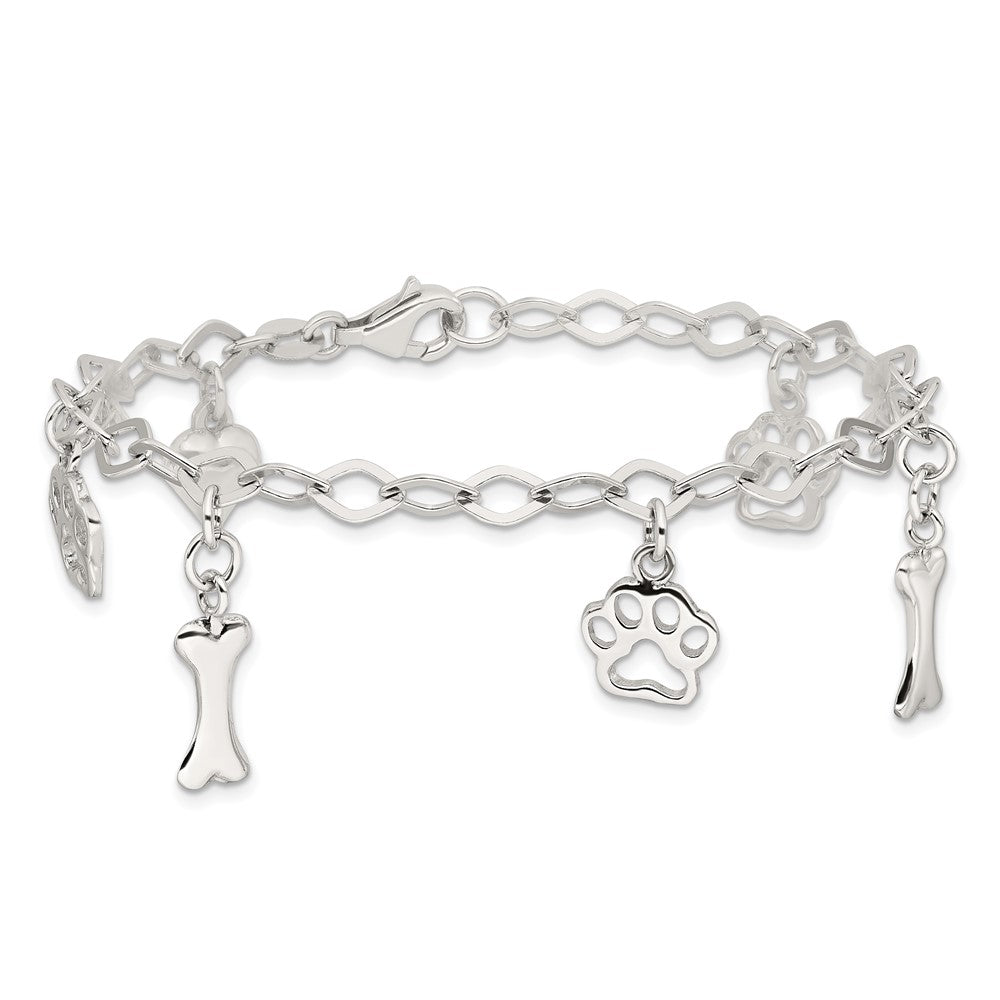 Sterling Silver Rhodium-plated Dog Bone Paw Heart Charm 7.5in Bracelet QG6346-7.5