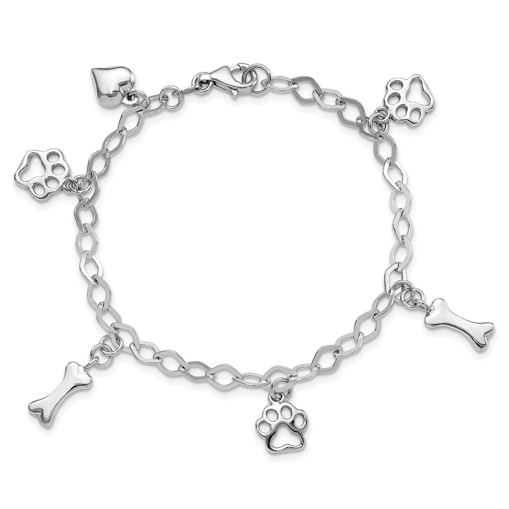 Sterling Silver Rhodium-plated Dog Bone Paw Heart Charm 7.5in Bracelet QG6346-7.5