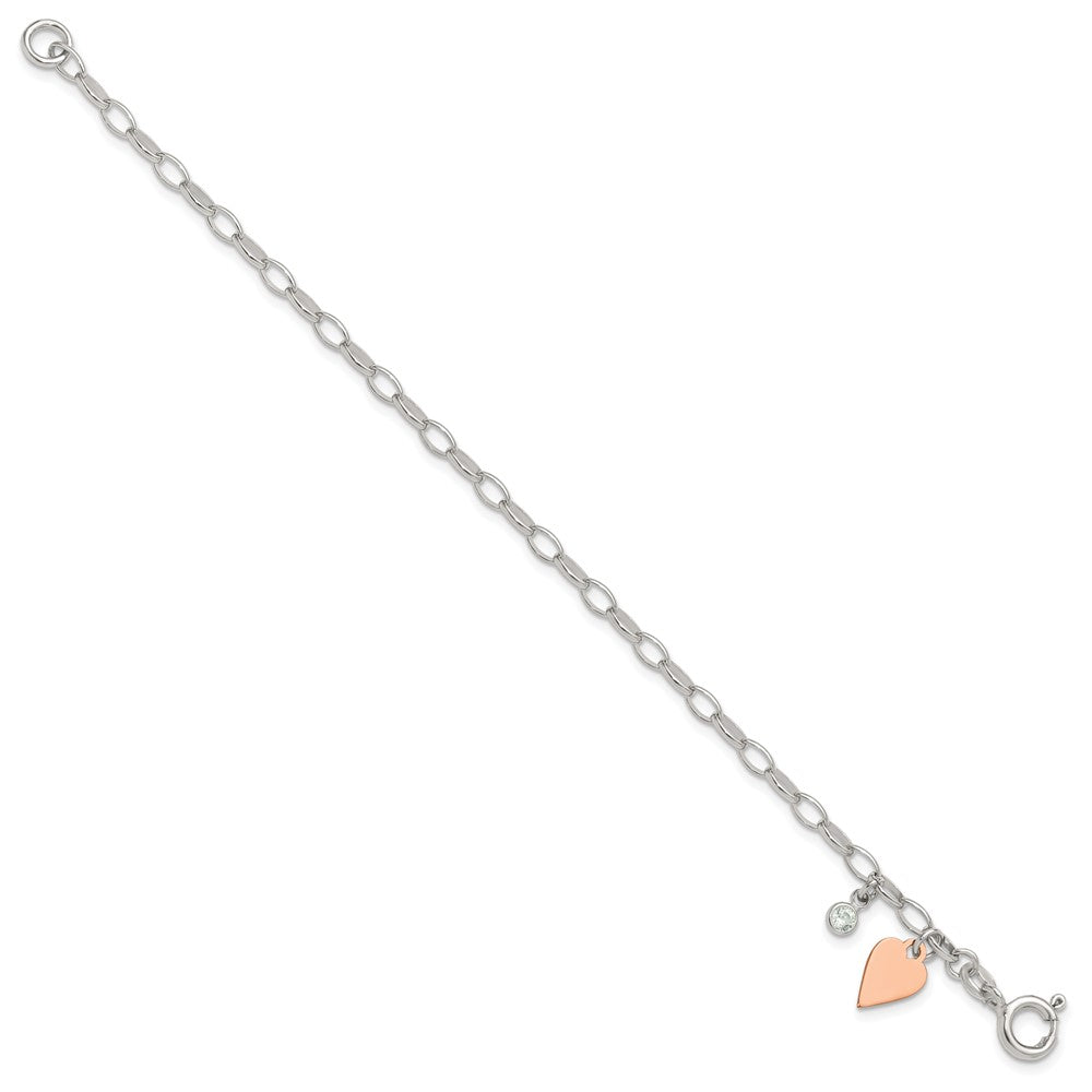 Sterling Silver Rose Gold-plated Polished w/Heart and CZ Link Bracelet QG6348-7