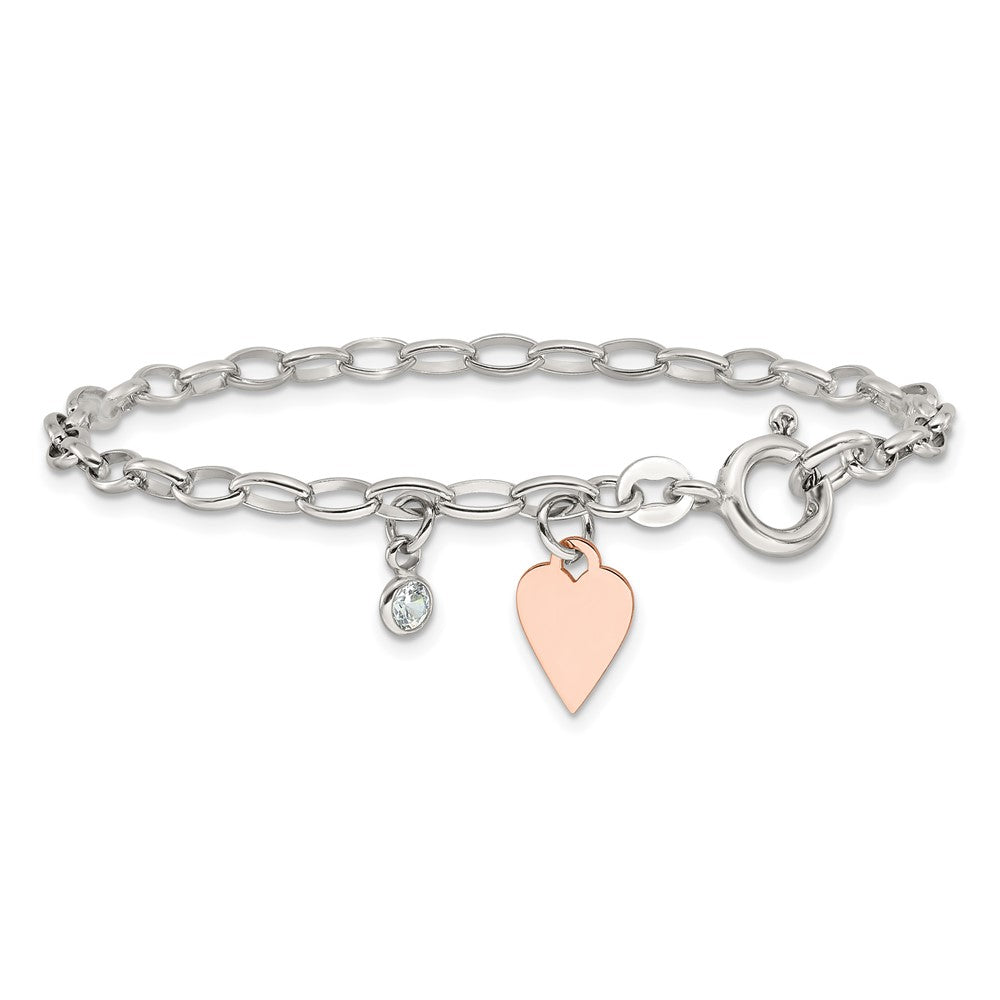 Sterling Silver Rose Gold-plated Polished w/Heart and CZ Link Bracelet QG6348-7