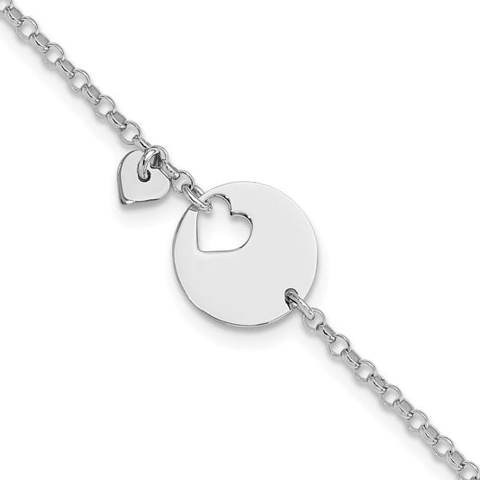 Sterling Silver Rhodium-plated Heart and Cut Out Disc 7.5in Bracelet QG6361-7.5