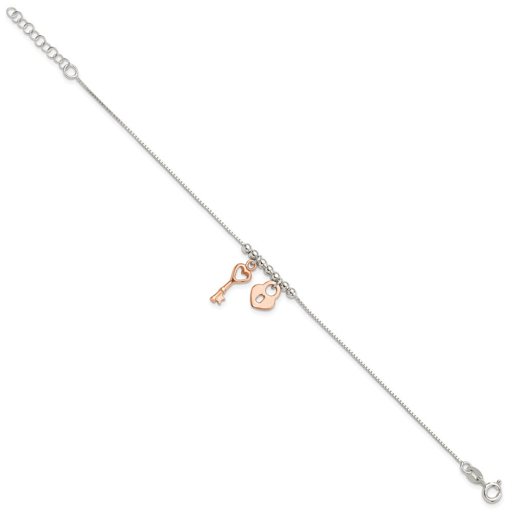 Sterling Silver w/Rose Tone Lock and Key Beaded 7in w/1in ext. Bracelet QG6363-7