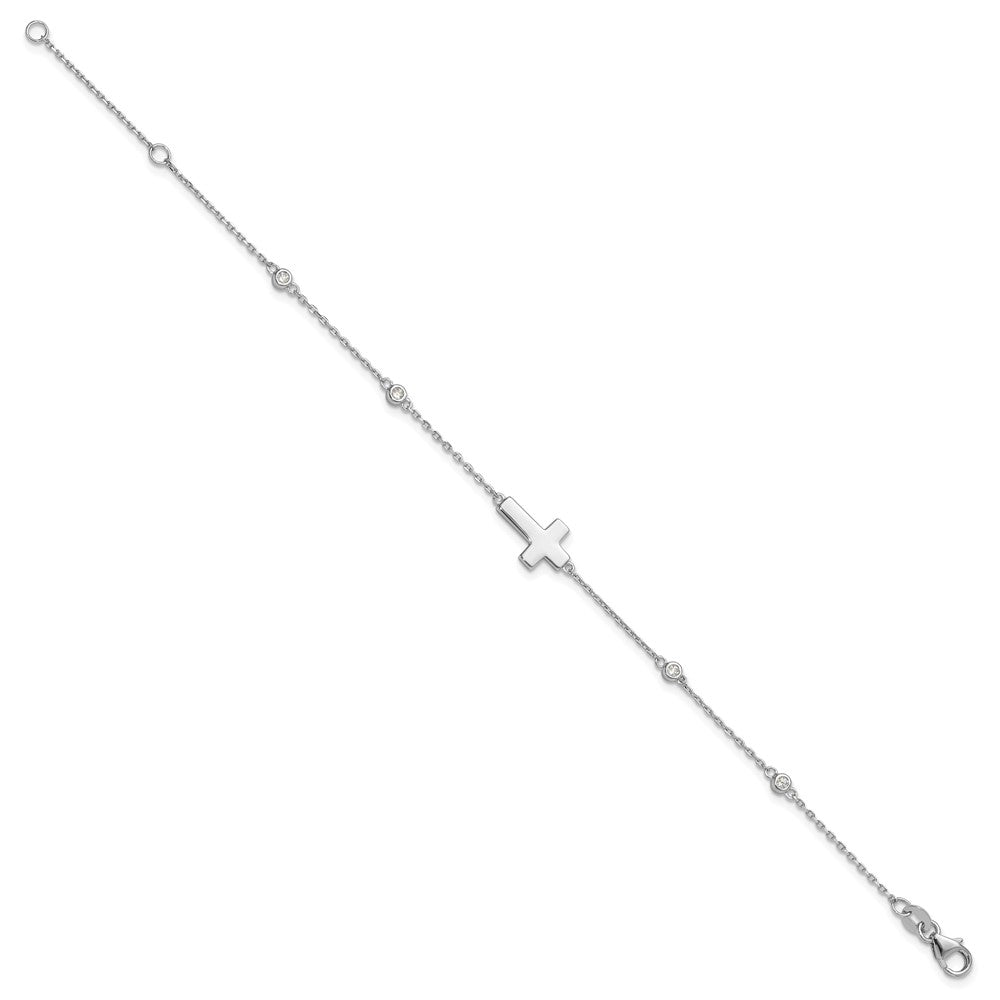 Sterling Silver Rhodium-plated CZ Sideways Cross 8in w/1in ext. Bracelet QG6379-7